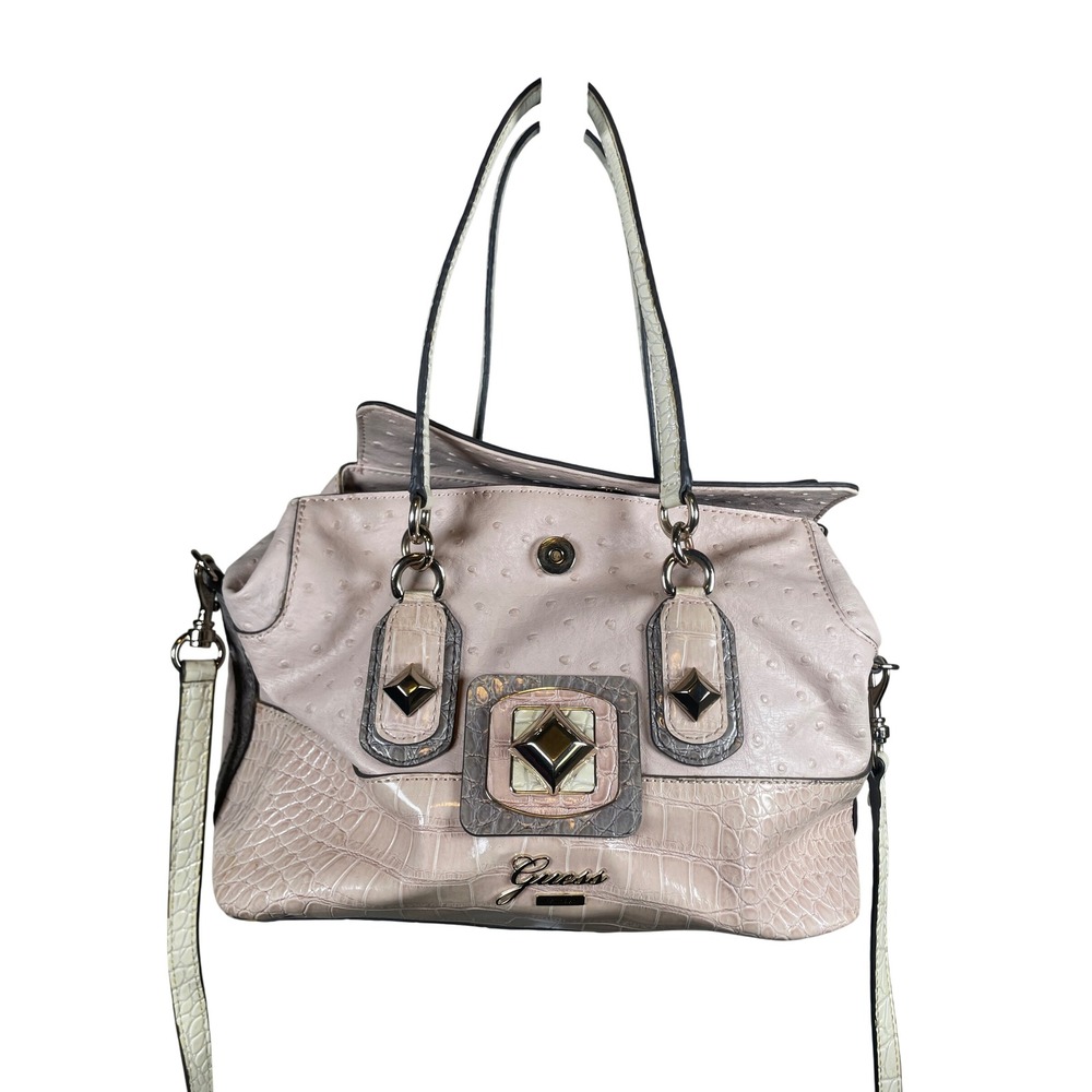Guess Satchel Bag Purse Medium Pink Faux Ostrich Croc Studded Handbag